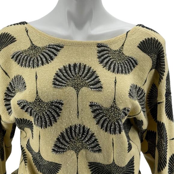 Magnolia Vtg Women's Sweater SZ S Beaded Embellished Crane Bird Print Fan Yellow - Picture 4 of 11